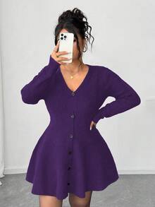 Elenzga Cardigan Wanita Ukuran Besar Elegan Warna Polos Kerah V Kancing Depan, Musim Gugur/Dingin - Purple - View 7