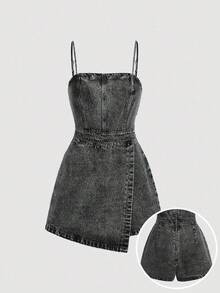 SHEIN MOD Plus Size Denim Jumpsuit, Casual Bib Overall Fitted Mini Blue