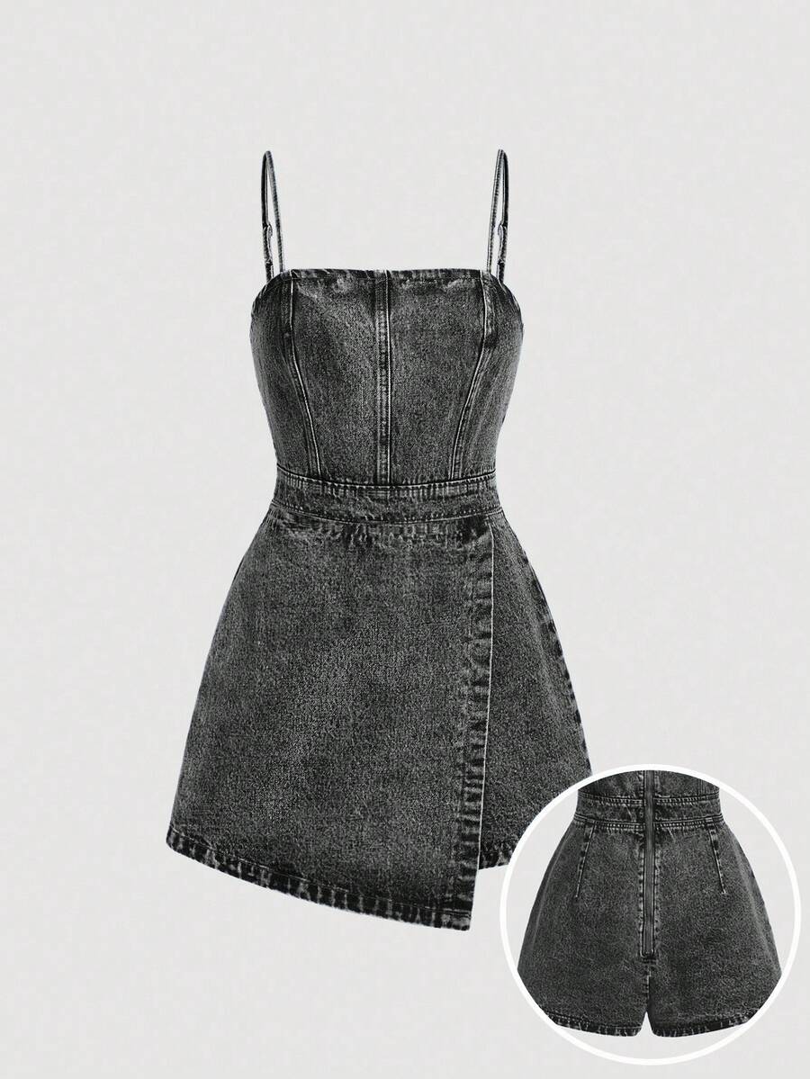 SHEIN MOD Plus Size Denim Jumpsuit, Casual Bib Overall Fitted Mini Blue