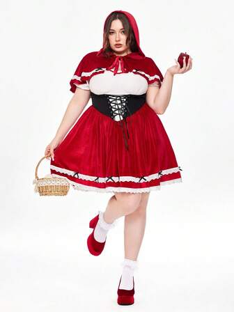 ROMWE Avant Set da 2 pezzi da donna taglie forti, composto da mantello da Cappuccetto Rosso e abito con scollo a spalle scoperte, in pizzo e contrasto di colori