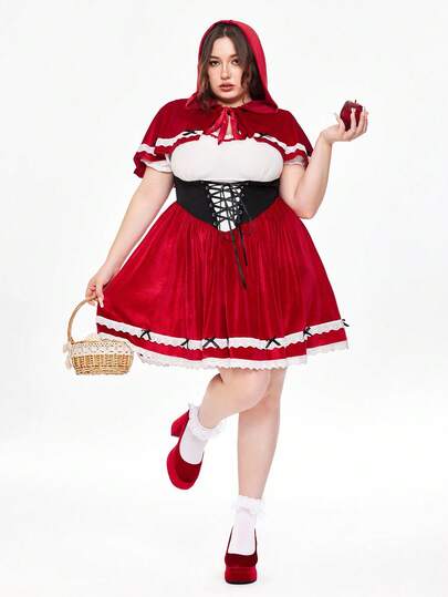 ROMWE Avant Set da 2 pezzi da donna taglie forti, composto da mantello da Cappuccetto Rosso e abito con scollo a spalle scoperte, in pizzo e contrasto di colori