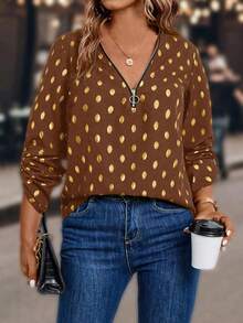 Plus Size Polka Dot Print Half-Zip Casual Versatile Long Sleeve Shirt - Brown - View 5