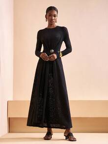 Zivah Women's Round Neck Long Sleeve Metallic 3D Floral Decor Elegant Dress