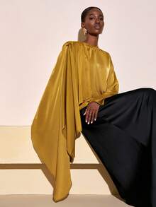 Zivah 2025秋冬新年,情人节,派对,宴会,约会,生日派对,学院风,学生装,日常出游,基础百搭,休闲,邮轮旅行,爆款,优雅,通勤,商务休闲,极简主义,圆领长袖,可拆卸肩带,宽松直筒剪裁,缎面姜黄色,优雅衬衫,通勤衬衫,女士衬衫 - 芥末黃 - 查看 6