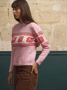 lacRébo Pink Cosy Jumper With Red Floral Pattern Vintage Cute Winter Knitwear New Year Office Spring Summer - Multicolor - View 7