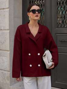 SHEIN Cottnline Women's Casual Everyday Commute Simple Solid Color Lapel Collar Drop Shoulder Loose Double-Breasted Cardigan, Autumn/Winter - Burgundy - View 6