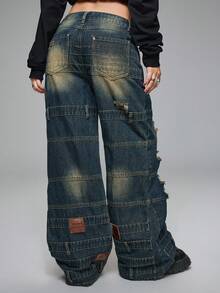 ROMWE Grunge Punk Quần jeans cạp cao siêu thấp, cạp cao, rách, nhiều cạp, phong cách Grunge cổ điển - Màu xanh lam - Xem 2
