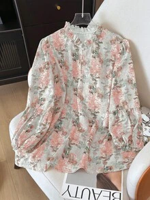 SHEIN Clasi Pink Bishop Sleeve Blouse In Woven Fabric For Elegant Everyday Style Pink Floral Blouse Floral Blouse Women Long Sleeve Blouse Flower Shirt - Pink - View 4