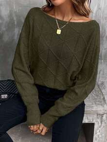 EURMUSE Damen Lässig Einfarbiger Fledermausärmel Pullover, Herbst/Winter - Armeegrün - Übersicht 6