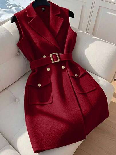 Women's Solid Color Lapel NeckSleeveless Belt Decorated Woolen Coat, Autumn/Winter