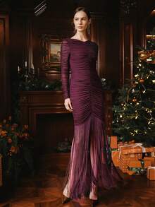 Anewsta Elegant Chiffon Dress With Ruched Details, Fringe Trim, And Mesh Panels, Suitable For Wedding Party, New Year, Luxury, Chic, Spring, Summer, Valentine - Red Violet - View 3