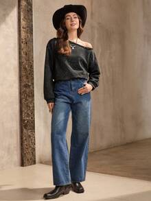Wildy Women's Dark Grey Autumn Grunge Sweatshirt,Loose Fit Asymmetrical Neck Rivet Detail Graphic Streetwear,Casual Winter Long Sleeve Night Out Tops - Black - View 5