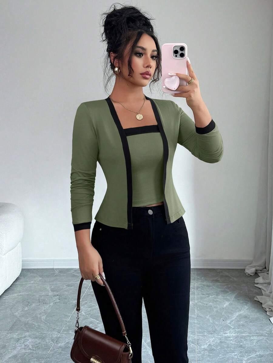 Selianne 2pcs Women Knit Patchwork Elegant Long Sleeve Top And Vest Set - Olive Green - View 1