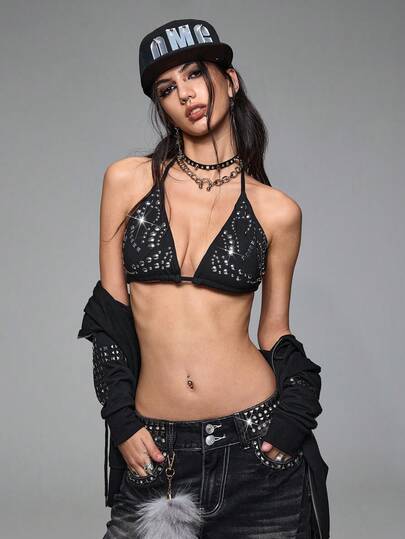 Grunge Punk بكيني نسائي بحمالات رفيعة بدون أكمام، طراز بانك مزين بالدبابيس