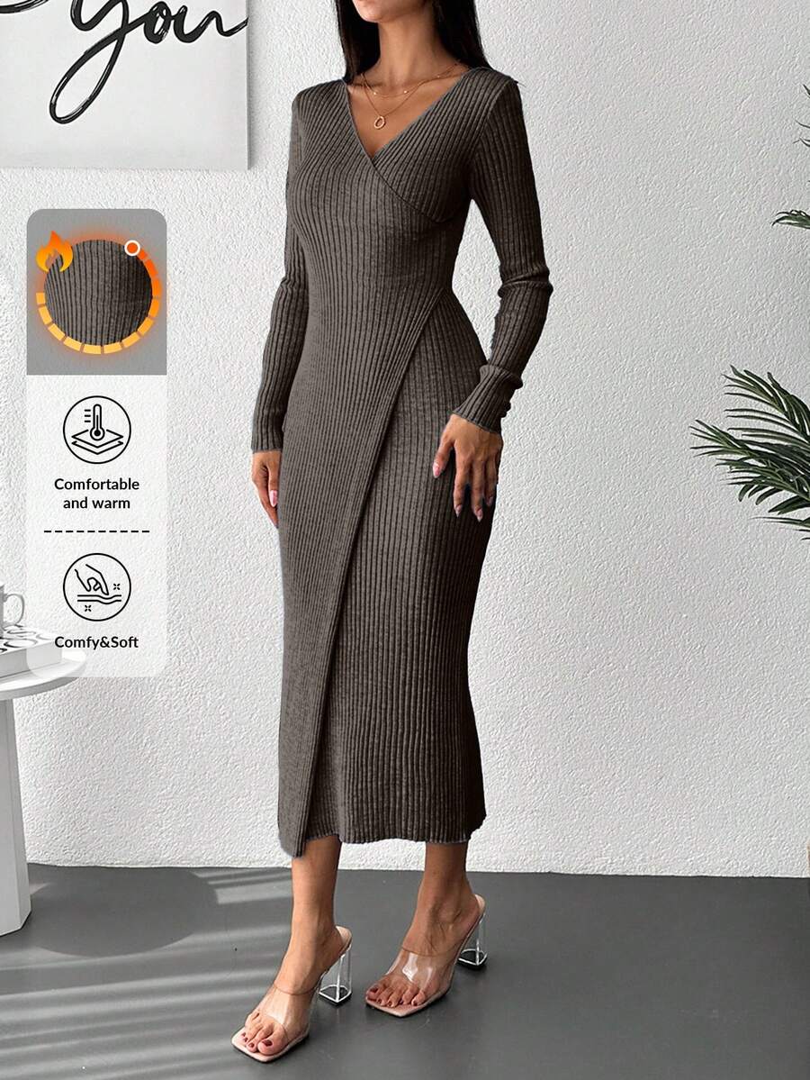 EURMUSE Women's Solid Color V-Neck Long Sleeve Ribbed Fitted Elegant Casual Knit Dress, Fall Work Everyday Coffee Brown