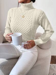 EURMUSE 女士纯色针织麻花高领套头衫 - 白色 - 查看 3