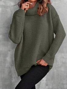 EURMUSE 女式纯色简约日常高领长袖套头毛衣 - 軍綠色 - 查看 4