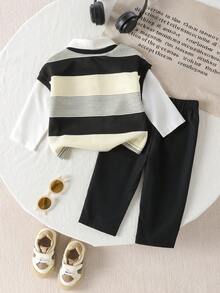 SHEIN 3 件套幼儿男童服装套装：1 件白色长袖纽扣衬衫、1 件黑色心形领条纹针织背心、1 条黑色梭织长裤，适合初秋、学校、休闲、度假 - 彩色 - 查看 2