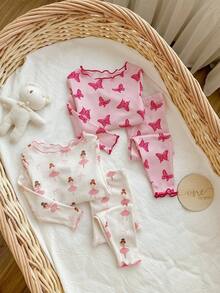 SHEIN 4pcs Baby Girls Long Sleeve Pajamas With Ballerina And Butterfly Prints Baby Girl Clothes Butterfly Baby Clothes Ballerina Baby Girl Pajamas Halloween Graphic Fall Winter
