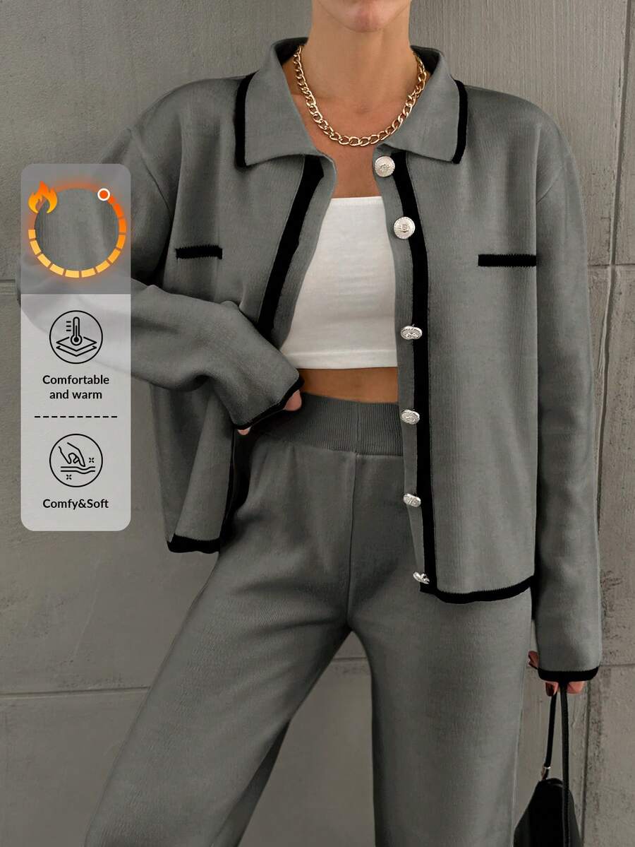 EURMUSE 2pcs Women's Color Block Front Button Long Sleeve Simple Sweater And Pants Set - Grey - View 1