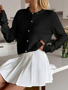 EURMUSE Women's Solid Color Button-Less Long Sleeve Simple Casual Top, Daily Wear - Black - View 4