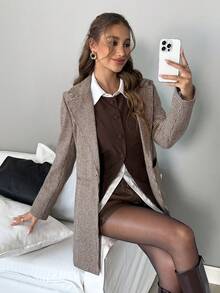 Easowa 女士时尚翻领长袖休闲冬季商务休闲外套，外出棕色办公外套 - 灰色 - 查看 2