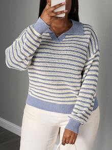 SHEIN PETITE CURVE Pull-over à col polo rayé à manches longues, grande taille, style décontracté - Bleu gris - Voir 5