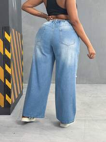 EMERY ROSE 大码女式做旧洗水宽松直筒工装牛仔裤，浅蓝色秋季节日秋季优雅牛仔裤