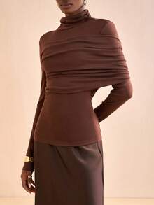 Zivah 秋冬新婚季，情人节新年版适合日常约会、通勤、商务、淑女、优雅、邮轮派对、简约、网络流行、生日宴会、高端派对、打底衫、绒领、长袖裹身、长袖紧身上衣、棕色拉绒羊毛针织面料女式T恤-A - 棕色 - 查看 4