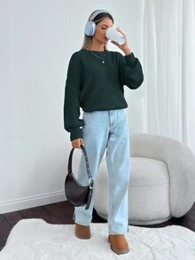 SHEIN Cottnline Women Solid Color Round Neck Drop Shoulder Chunky Pullover - Green - View 5