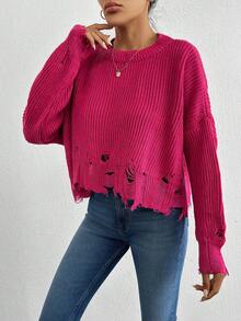 EURMUSE Drop Shoulder Distressed Ribbed Knit Sweater - Hot Pink - View 5