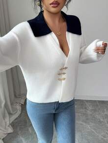 SHEIN Elenzya Cardigan tricotat cu mânecă lungă și umeri căzuți, cu guler în contrast de culoare, decorat cu nasturi metalici - alb - Vizualizare 3