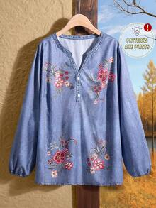 Rusticease 大码V领长袖休闲花卉印花宽松衬衫 - 彩色 - 查看 3