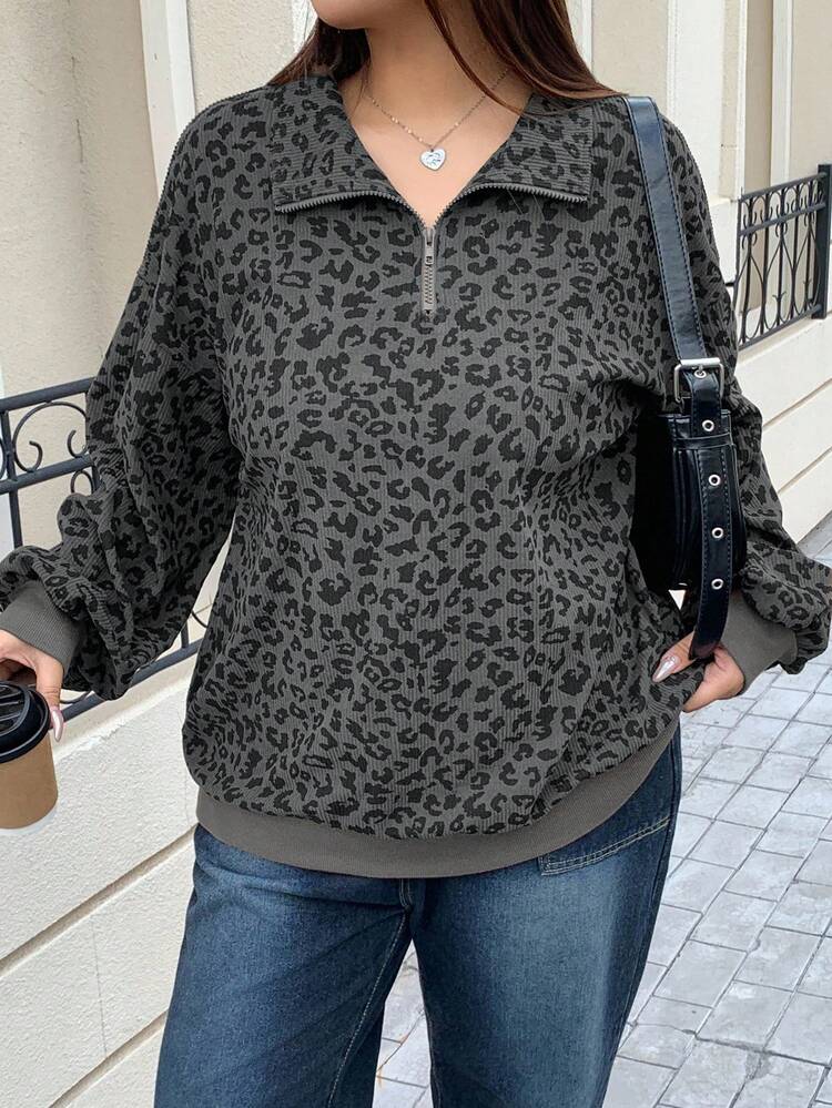 Dazy Plus Plus Size Women Zip-Up Leopard Print Loose Fit Pullover Sweatshirt, Street Style