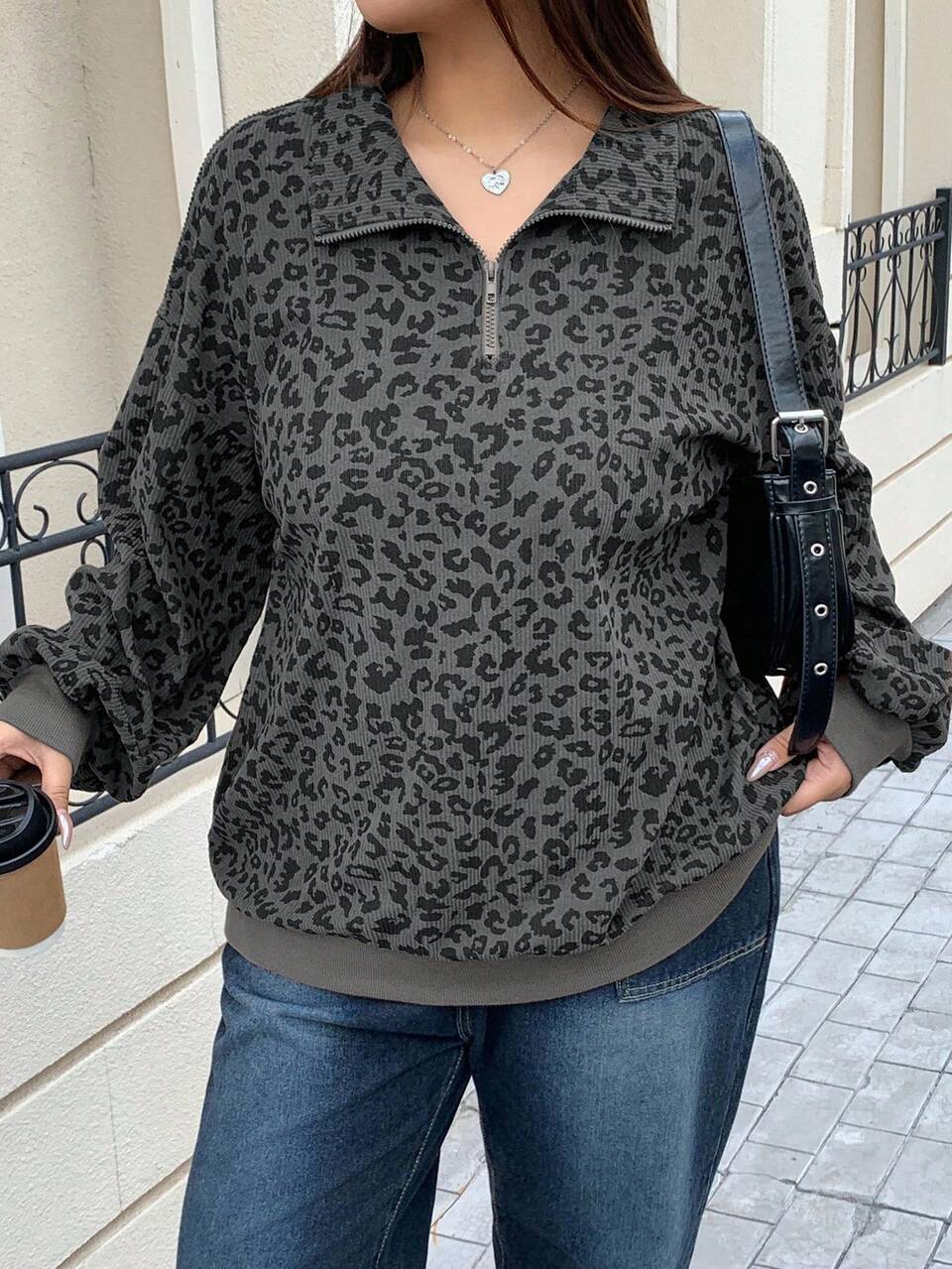 Dazy Plus Plus Size Women Zip-Up Leopard Print Loose Fit Pullover Sweatshirt, Street Style