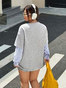 SHEIN EZwear 大码女式休闲时尚街头日常通勤撞色条纹二合一运动衫，春秋季 - 灰色 - 查看 2