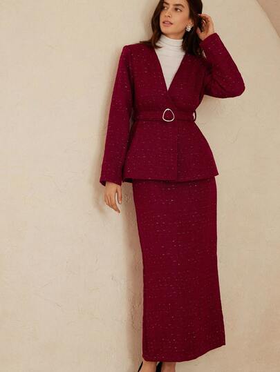 Aveloria Rosie Tweed Waist Belt Decor Elegant Slim V-Neck Commuter Jacket & Fitted Midi Skirt Set