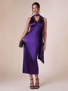 COSMINA Vestido elegante ajustado con cuello en V sin mangas y parches de encaje para mujer - Bold Plum - Ver 1