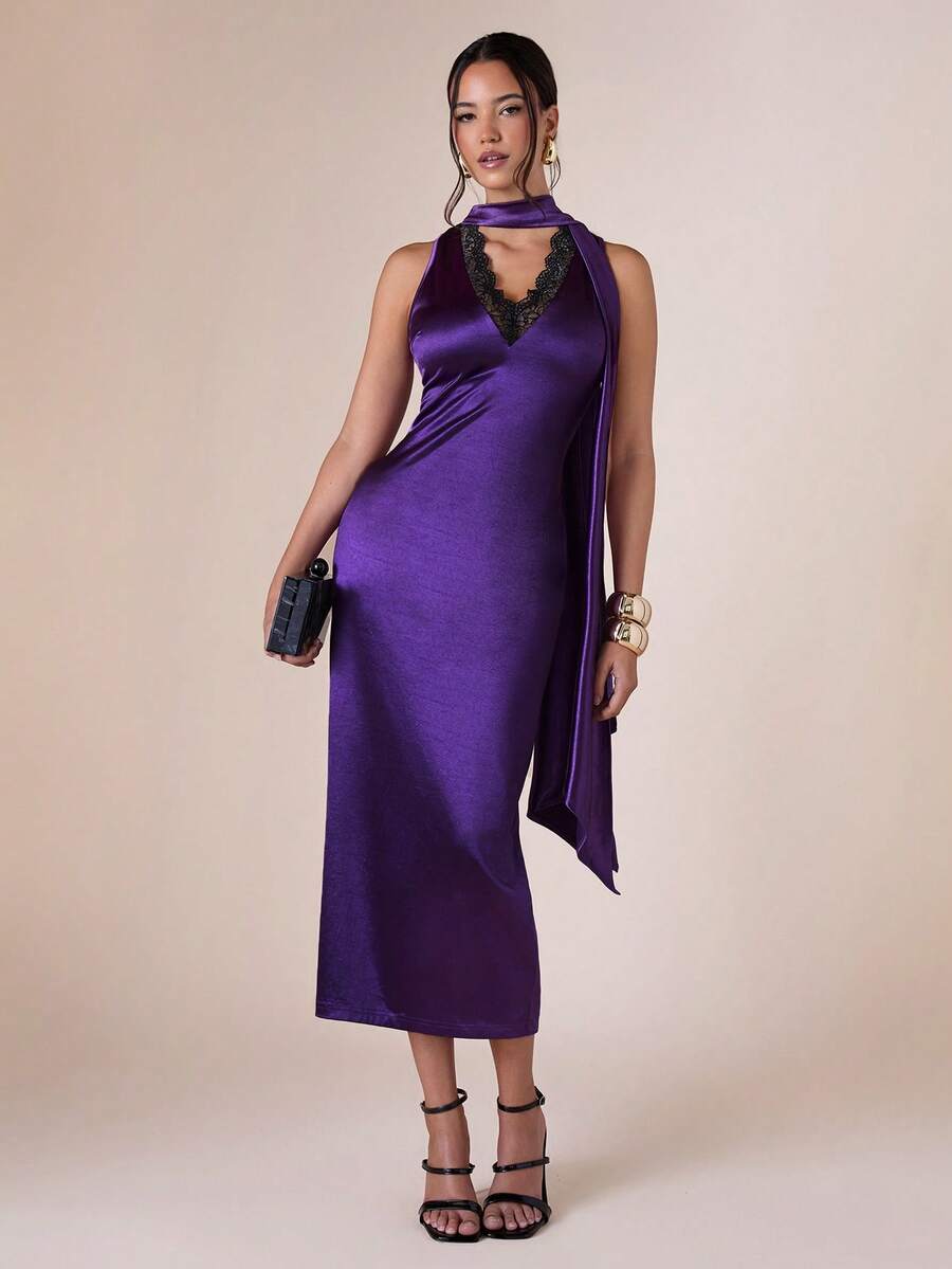 COSMINA Vestido elegante ajustado con cuello en V sin mangas y parches de encaje para mujer - Bold Plum - Ver 1