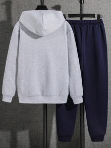 SHEIN 2pcs/Set Teen Boys Casual College Style Navy Blue English Letter Graphic Hoodie And Navy Blue Drawstring Pants Set, Suitable For School, Home, Daily Wear, Sports, Versatile & Minimalist