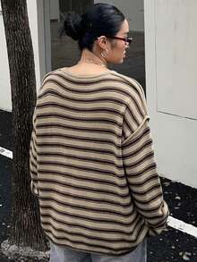 Dazy Plus 大码圆领条纹休闲长袖街头风格毛衣，大码女装，秋冬 - 棕色 - 查看 2