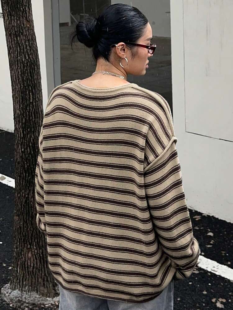 Dazy Plus Plus Size Crew Neck Striped Casual Long Sleeve Street Style Sweater, Plus Size Women, Autumn/Winter
