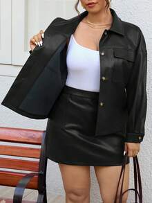 Lounesse 大码女式 PU 夹克上衣和裙子两件套，时尚 - 黑色 - 查看 6