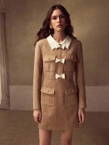 MOTF PREMIUM CONTRAST COLLAR BOW DETAIL FLAP POCKET SHORT DRESS - Khaki - View 4