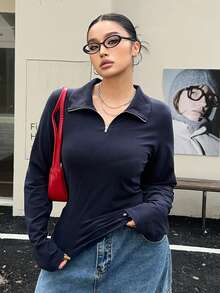 Dazy Plus 大码女式纯色弹力修身拉链领长袖 T 恤，春/秋 - 藏蓝色 - 查看 1