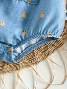 SHEIN 新生女童夏季可爱条纹短袖上衣卡通小鸭印花背带短裤套装 - 彩色 - 查看 4