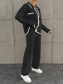 EURMUSE 2 件套女士撞色长袖单排扣毛衣开衫和针织长裤休闲装，秋冬 - 黑色 - 查看 3