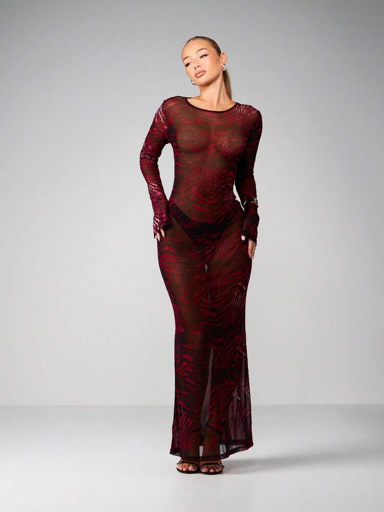 MISSGUIDED Printed Mesh Long Sleeve Maxi Dress With Sheer Overlay And Abstract Pattern For Evening Occasions Christmas