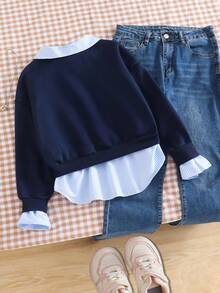 秋冬季少女卫衣，休闲学院风百搭通勤款，二合一卫衣衬衫领字母印花条纹图案宽松 - 寶藍色 - 查看 2