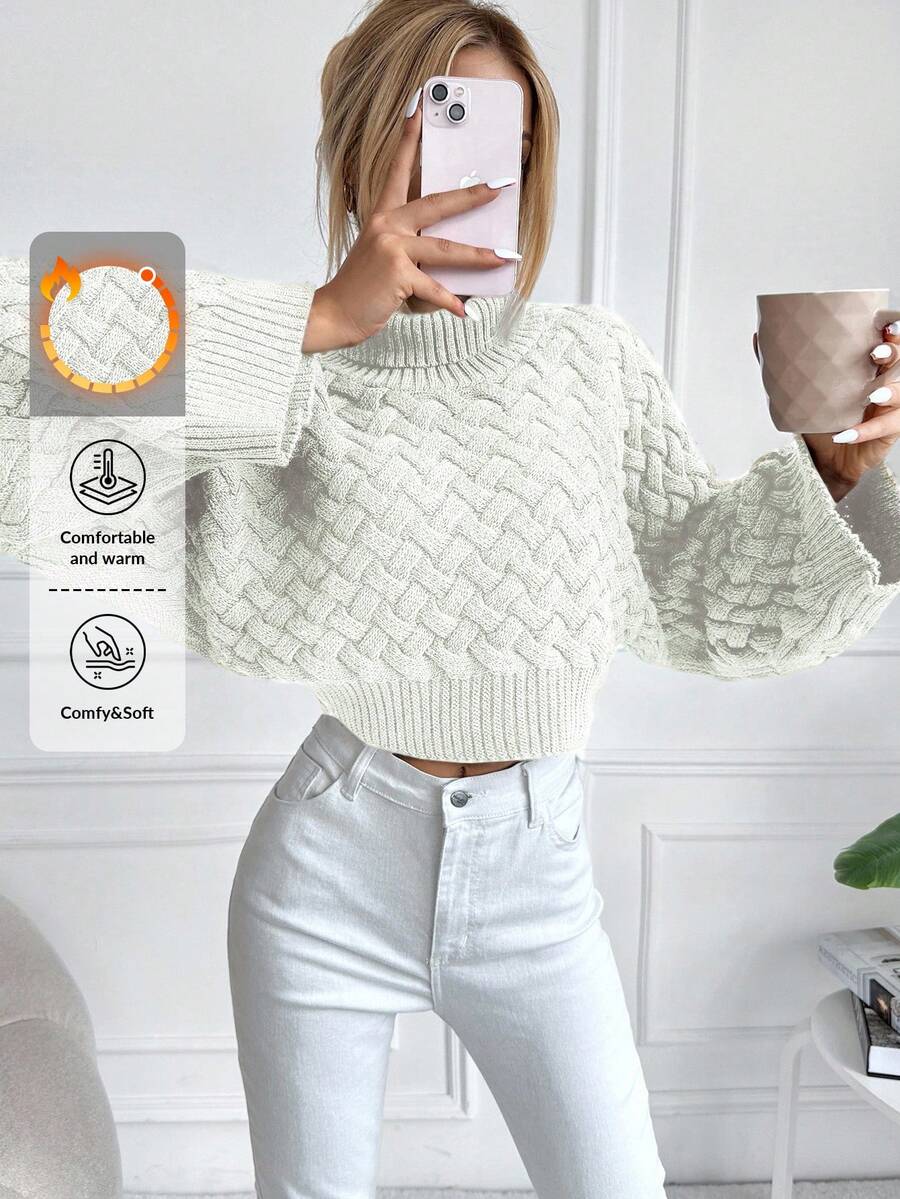 EURMUSE Turtleneck Batwing Sleeve Crop Sweater - White - View 1